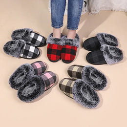 KissICON Fashion Grid Pattern Fuzzy Slippers Women Closed Toe