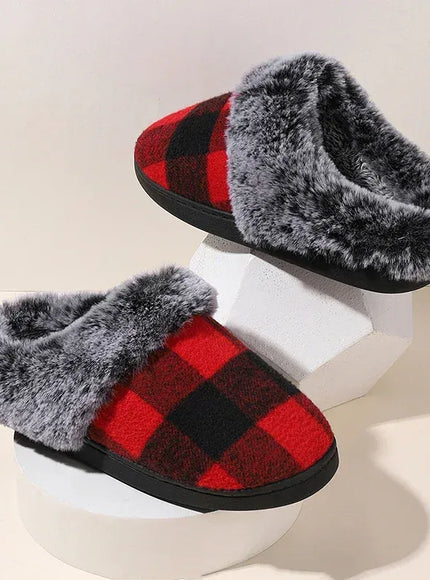 KissICON Fashion Grid Pattern Fuzzy Slippers Women Closed Toe