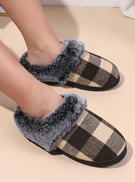 KissICON Fashion Grid Pattern Fuzzy Slippers Women Closed Toe