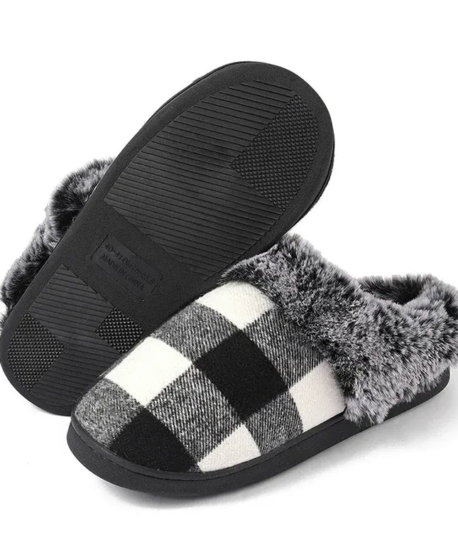 KissICON Fashion Grid Pattern Fuzzy Slippers Women Closed Toe