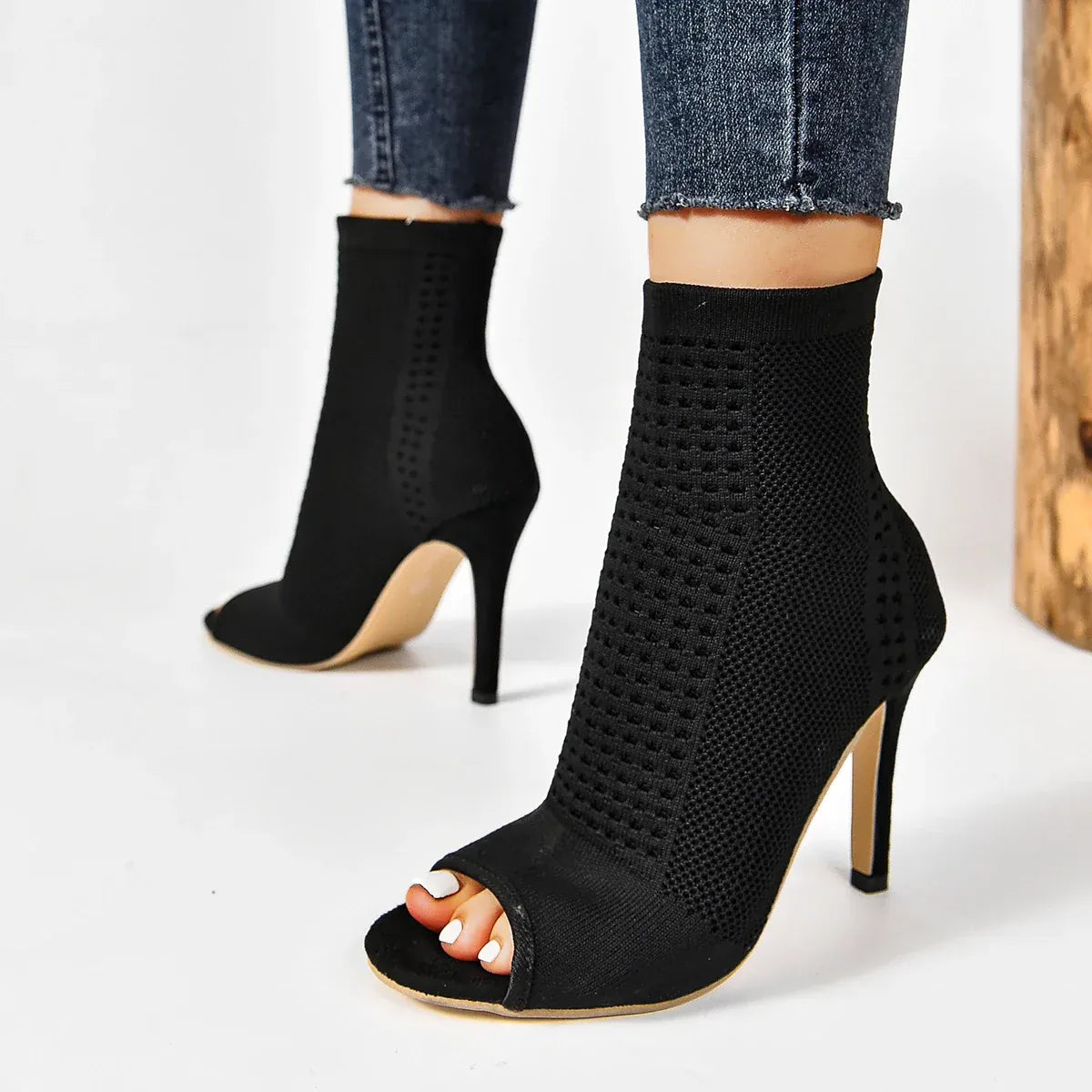 KissICON Fashion Ladies Peep Toe Stretch Fabric Knitting Ankle