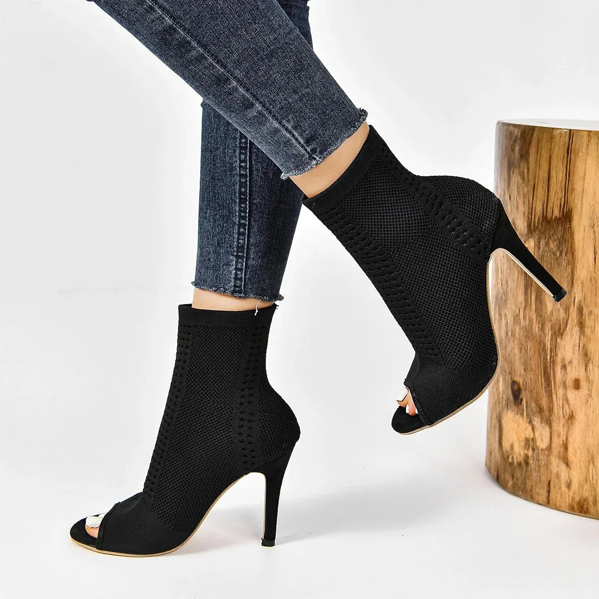 KissICON Fashion Ladies Peep Toe Stretch Fabric Knitting Ankle
