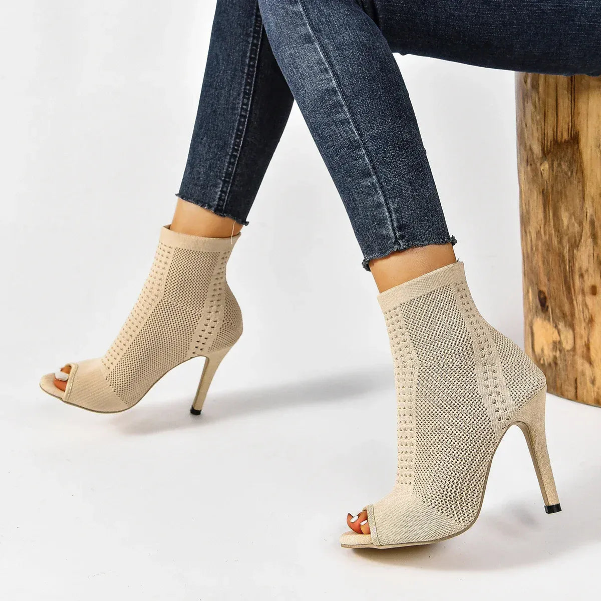 KissICON Fashion Ladies Peep Toe Stretch Fabric Knitting Ankle