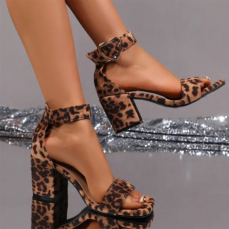 KissICON Fashion Leopard High Heel Sandals Women Ankle Buckle