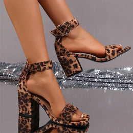 KissICON Fashion Leopard High Heel Sandals Women Ankle Buckle