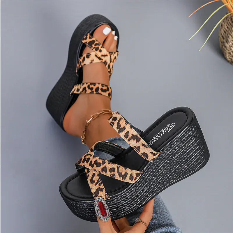 KissICON Fashion Leopard Wedges Sandals Women Plus Size Cross
