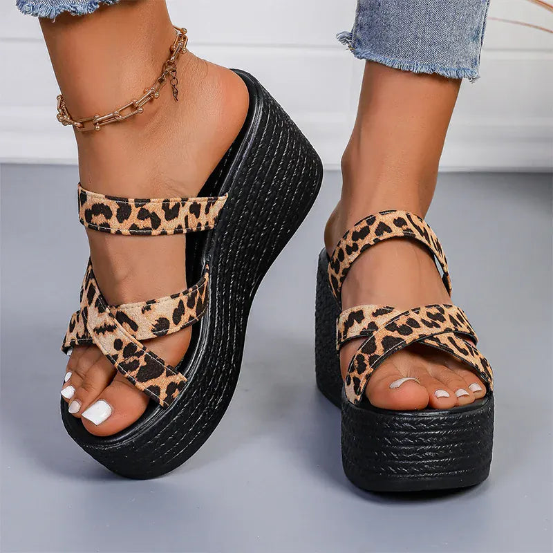 KissICON Fashion Leopard Wedges Sandals Women Plus Size Cross
