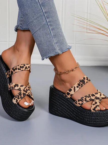 KissICON Fashion Leopard Wedges Sandals Women Plus Size Cross