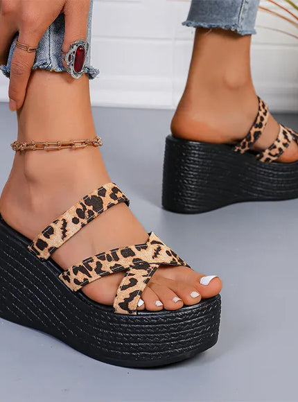KissICON Fashion Leopard Wedges Sandals Women Plus Size Cross