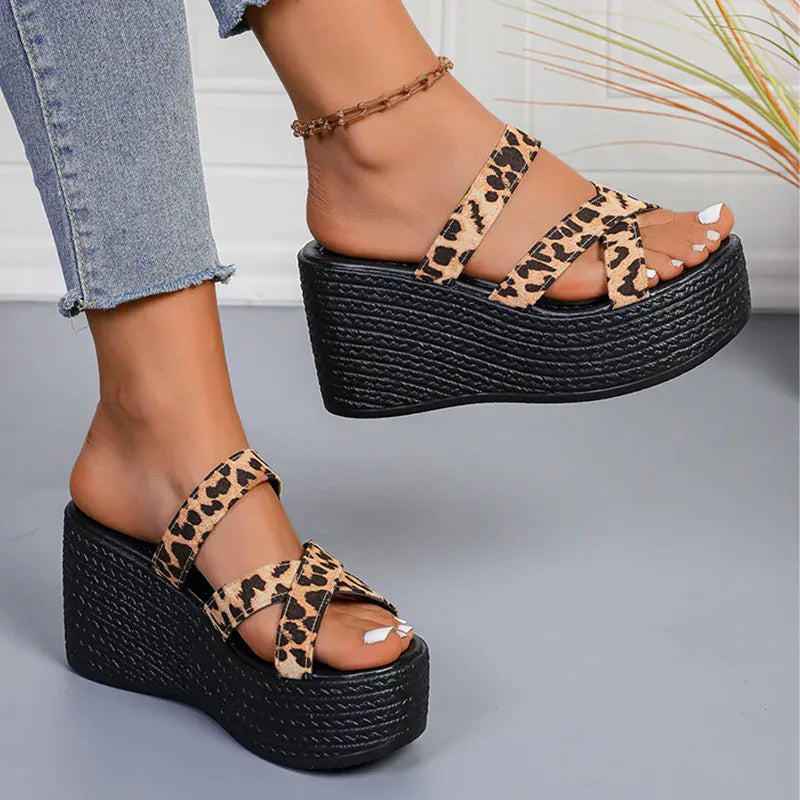 KissICON Fashion Leopard Wedges Sandals Women Plus Size Cross