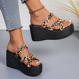 KissICON Fashion Leopard Wedges Sandals Women Plus Size Cross