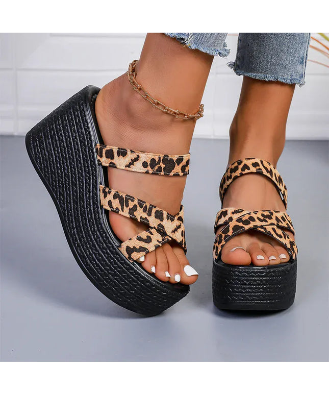 KissICON Fashion Leopard Wedges Sandals Women Plus Size Cross
