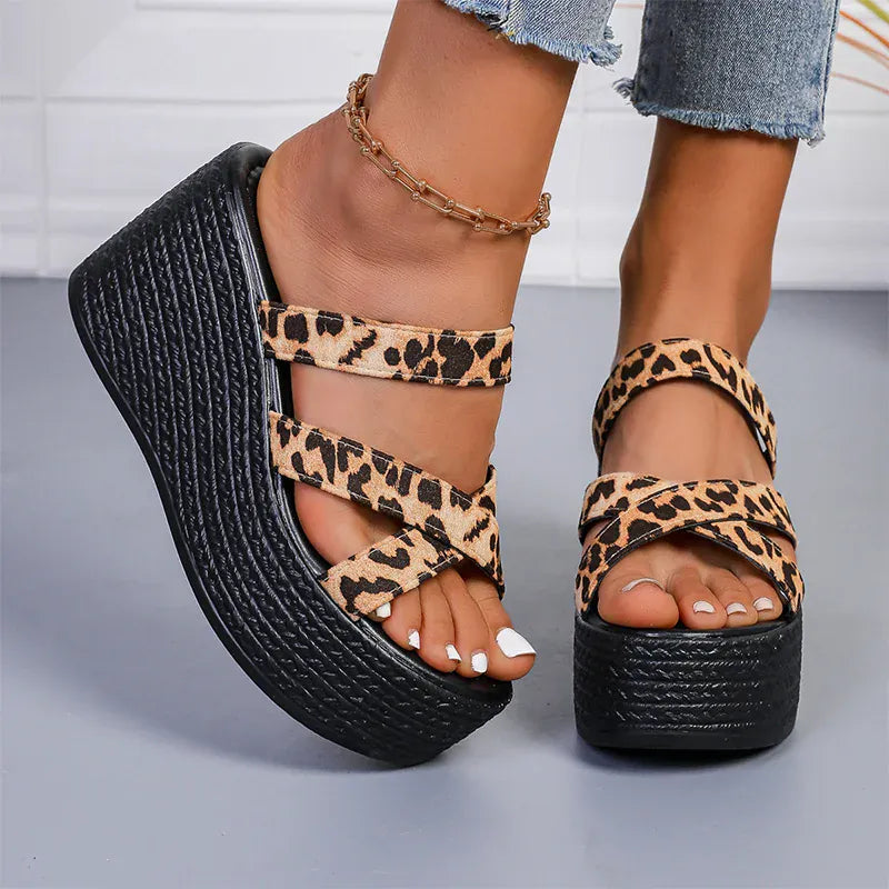 KissICON Fashion Leopard Wedges Sandals Women Plus Size Cross