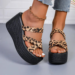 KissICON Fashion Leopard Wedges Sandals Women Plus Size Cross