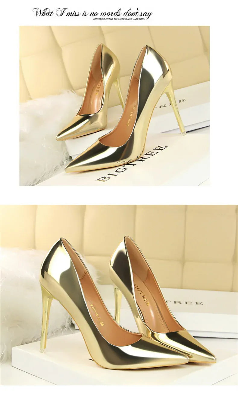 KissICON Fashion Metal Women Patent Leather Shallow Mouth Thin