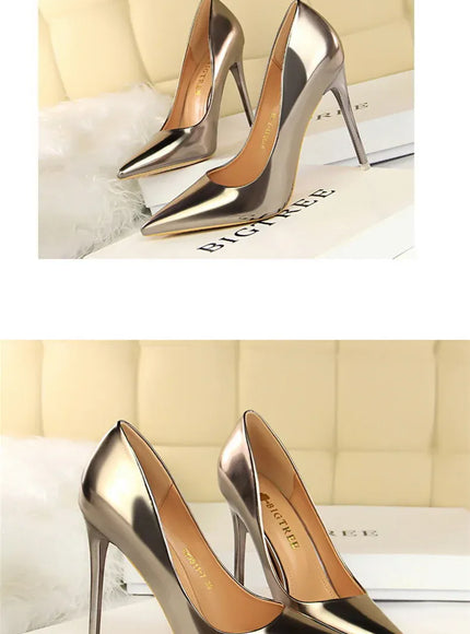 KissICON Fashion Metal Women Patent Leather Shallow Mouth Thin
