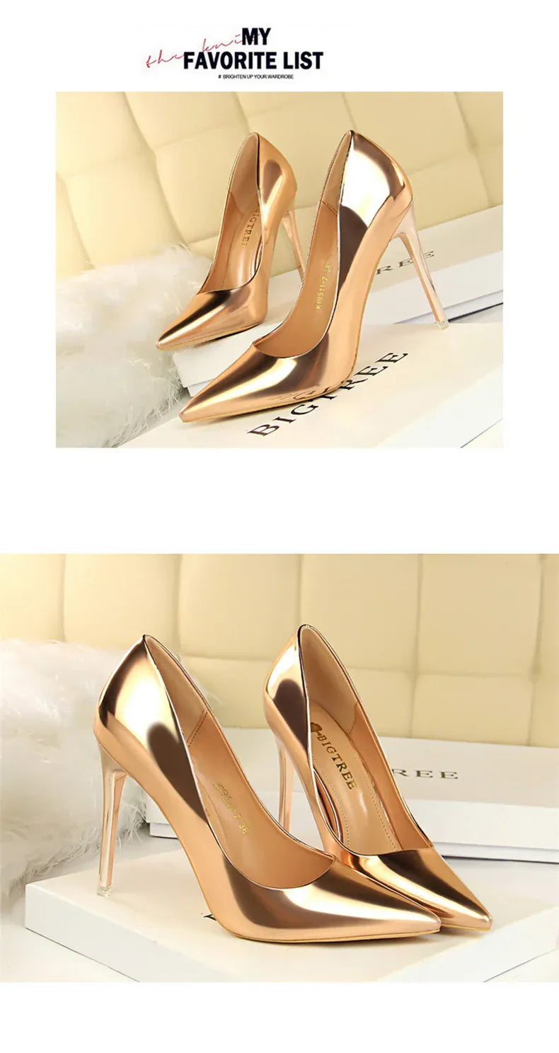 KissICON Fashion Metal Women Patent Leather Shallow Mouth Thin
