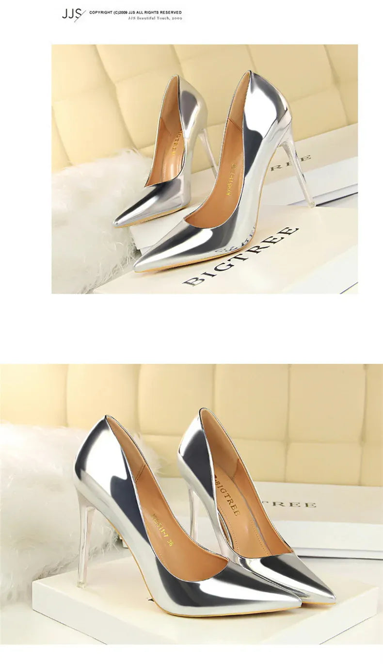KissICON Fashion Metal Women Patent Leather Shallow Mouth Thin