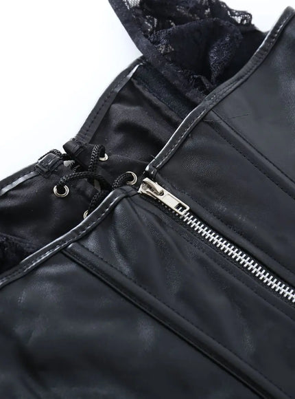 KissICON Fashion New Steampunk Corset Dress Women Gothic Sexy Faux Leather Zipper Bustier Lace Skirt Black Red Corselet Clubwear S-6XL