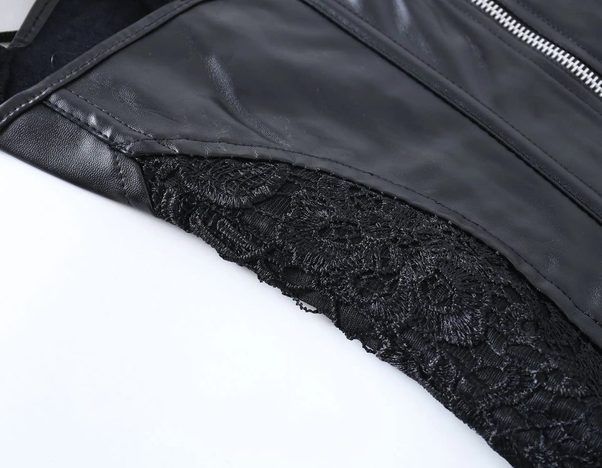 KissICON Fashion New Steampunk Corset Dress Women Gothic Sexy Faux Leather Zipper Bustier Lace Skirt Black Red Corselet Clubwear S-6XL