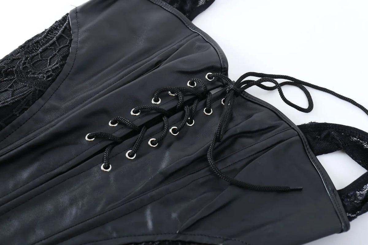 KissICON Fashion New Steampunk Corset Dress Women Gothic Sexy Faux Leather Zipper Bustier Lace Skirt Black Red Corselet Clubwear S-6XL