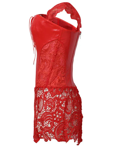 KissICON Fashion New Steampunk Corset Dress Women Gothic Sexy Faux Leather Zipper Bustier Lace Skirt Black Red Corselet Clubwear S-6XL