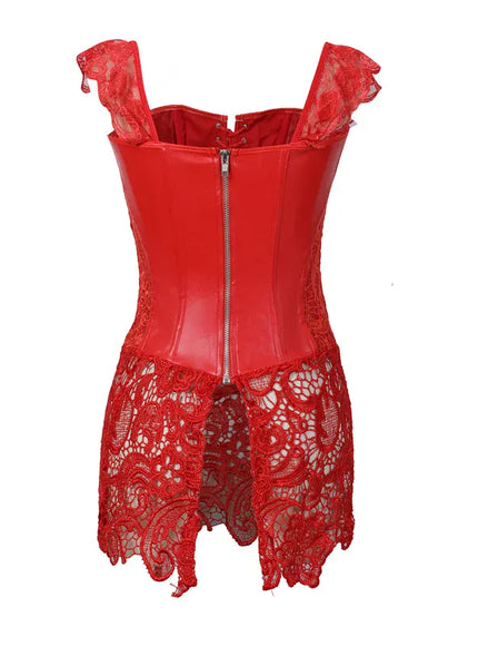 KissICON Fashion New Steampunk Corset Dress Women Gothic Sexy Faux Leather Zipper Bustier Lace Skirt Black Red Corselet Clubwear S-6XL