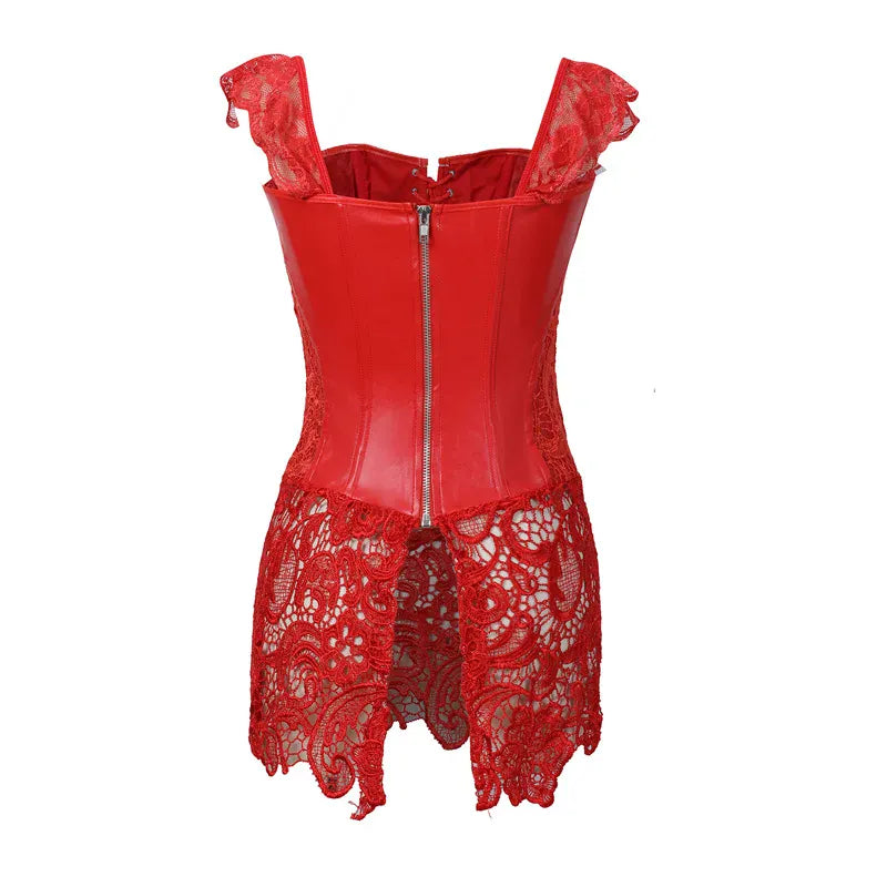 KissICON Fashion New Steampunk Corset Dress Women Gothic Sexy Faux Leather Zipper Bustier Lace Skirt Black Red Corselet Clubwear S-6XL
