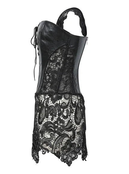 KissICON Fashion New Steampunk Corset Dress Women Gothic Sexy Faux Leather Zipper Bustier Lace Skirt Black Red Corselet Clubwear S-6XL