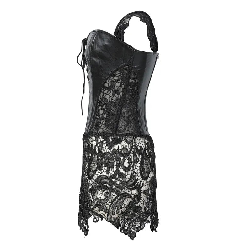 KissICON Fashion New Steampunk Corset Dress Women Gothic Sexy Faux Leather Zipper Bustier Lace Skirt Black Red Corselet Clubwear S-6XL