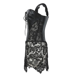 KissICON Fashion New Steampunk Corset Dress Women Gothic Sexy Faux Leather Zipper Bustier Lace Skirt Black Red Corselet Clubwear S-6XL
