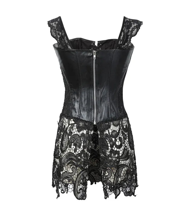 KissICON Fashion New Steampunk Corset Dress Women Gothic Sexy Faux Leather Zipper Bustier Lace Skirt Black Red Corselet Clubwear S-6XL