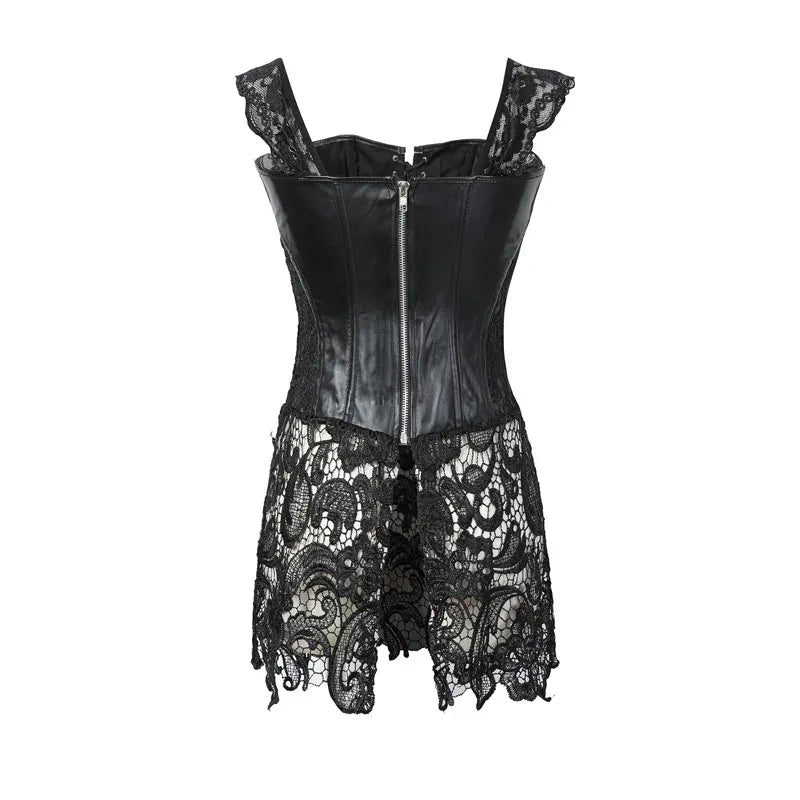 KissICON Fashion New Steampunk Corset Dress Women Gothic Sexy Faux Leather Zipper Bustier Lace Skirt Black Red Corselet Clubwear S-6XL