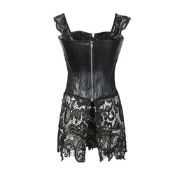 KissICON Fashion New Steampunk Corset Dress Women Gothic Sexy Faux Leather Zipper Bustier Lace Skirt Black Red Corselet Clubwear S-6XL