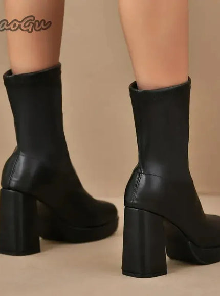 KissICON Fashion Pu Black Mid Calf Boots Women 2025