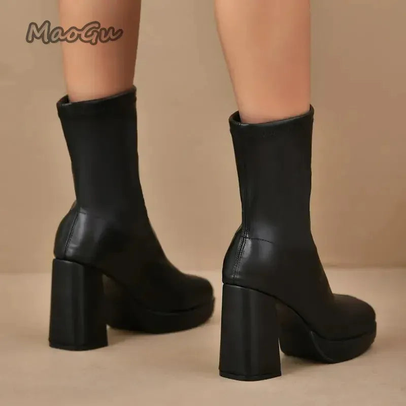 KissICON Fashion Pu Black Mid Calf Boots Women 2025