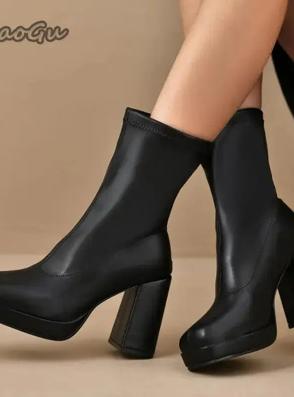 KissICON Fashion Pu Black Mid Calf Boots Women 2025
