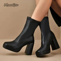 KissICON Fashion Pu Black Mid Calf Boots Women 2025