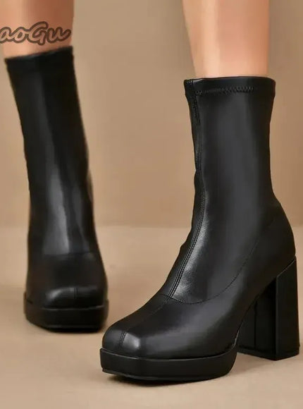 KissICON Fashion Pu Black Mid Calf Boots Women 2025
