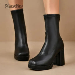 KissICON Fashion Pu Black Mid Calf Boots Women 2025