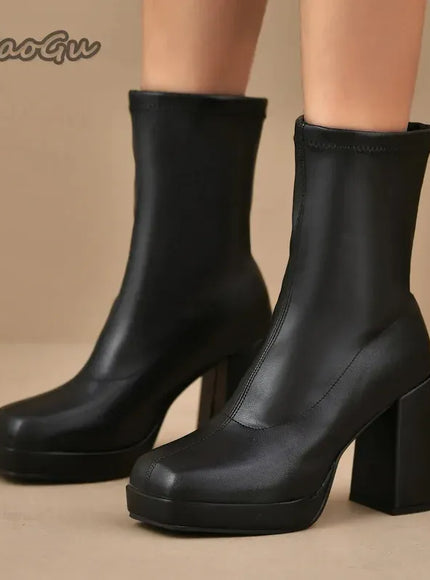 KissICON Fashion Pu Black Mid Calf Boots Women 2025
