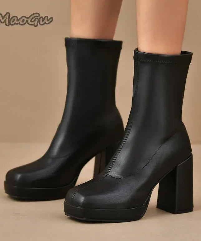 KissICON Fashion Pu Black Mid Calf Boots Women 2025