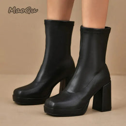KissICON Fashion Pu Black Mid Calf Boots Women 2025