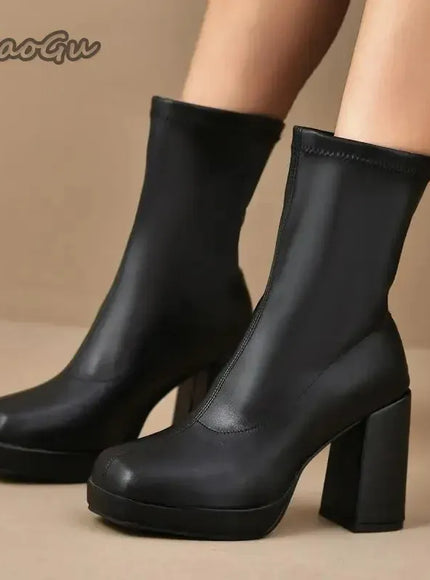 KissICON Fashion Pu Black Mid Calf Boots Women 2025