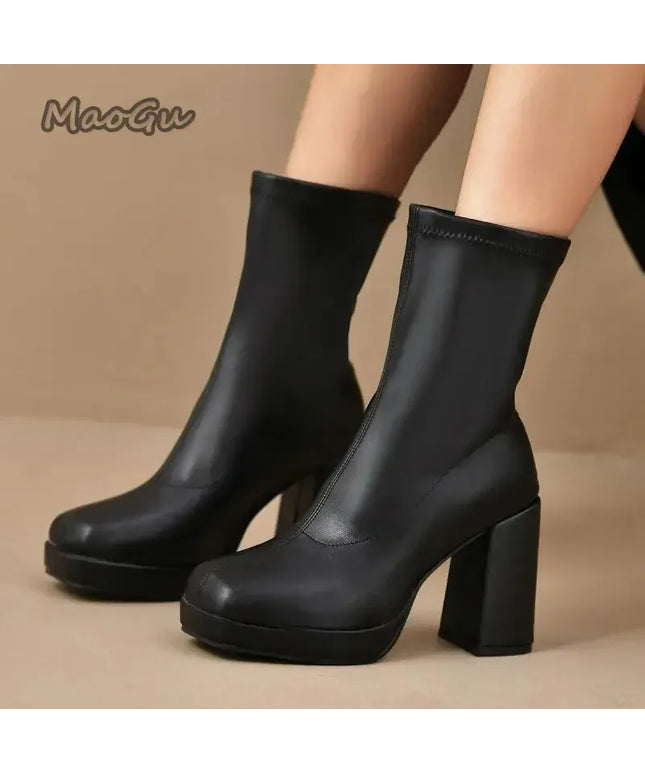 KissICON Fashion Pu Black Mid Calf Boots Women 2025