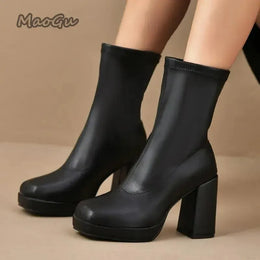 KissICON Fashion Pu Black Mid Calf Boots Women 2025