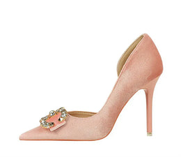 KissICON Fashion Women High Heel Rhinestone Buckle Bow Green