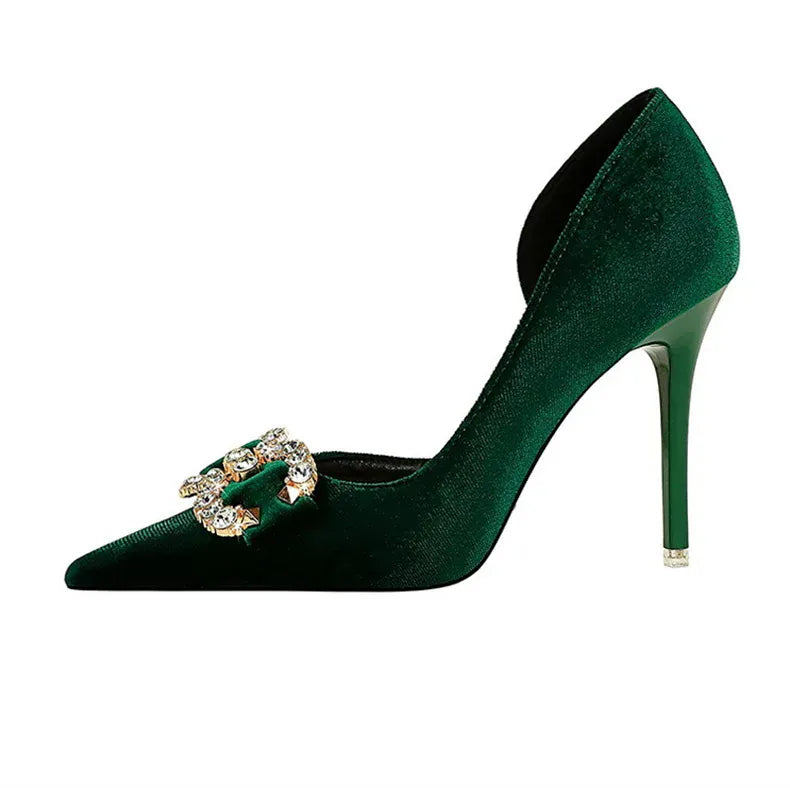 KissICON Fashion Women High Heel Rhinestone Buckle Bow Green