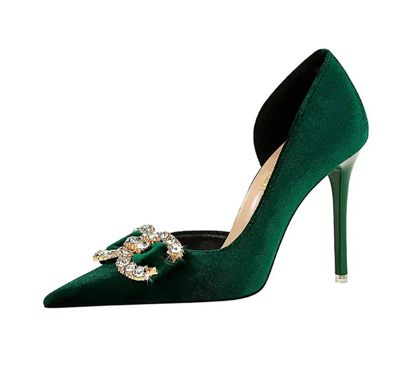 KissICON Fashion Women High Heel Rhinestone Buckle Bow Green