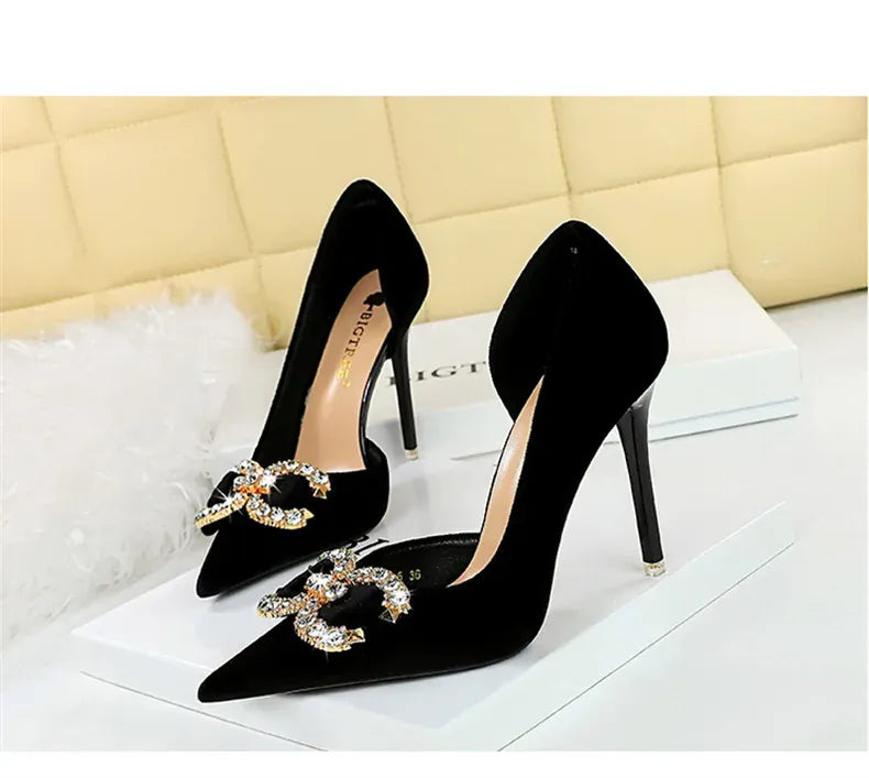 KissICON Fashion Women High Heel Rhinestone Buckle Bow Green